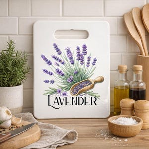 May include: White rectangular chopping board with a handle, featuring a lavender illustration and the word "LAVENDER". A wooden scoop filled with lavender is also depicted. The board is surrounded by kitchen items, including a plant, utensils, and spice containers.