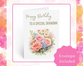 May include: A white birthday card with the text "Happy Birthday TO A SPECIAL GRANDMA" in green script. The card features a watercolour bouquet of pink roses, blue hydrangeas, and white daisies. A pink envelope is included.
