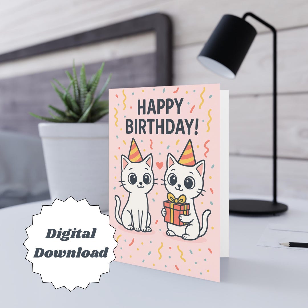 Kawaii Cat Pastel Pink Printable Birthday Card | Digital Download - Etsy