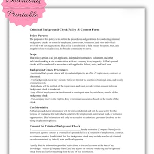 Criminal Background Check Policy & Consent Form | Printable PDF for Employment, Volunteers and Contractors