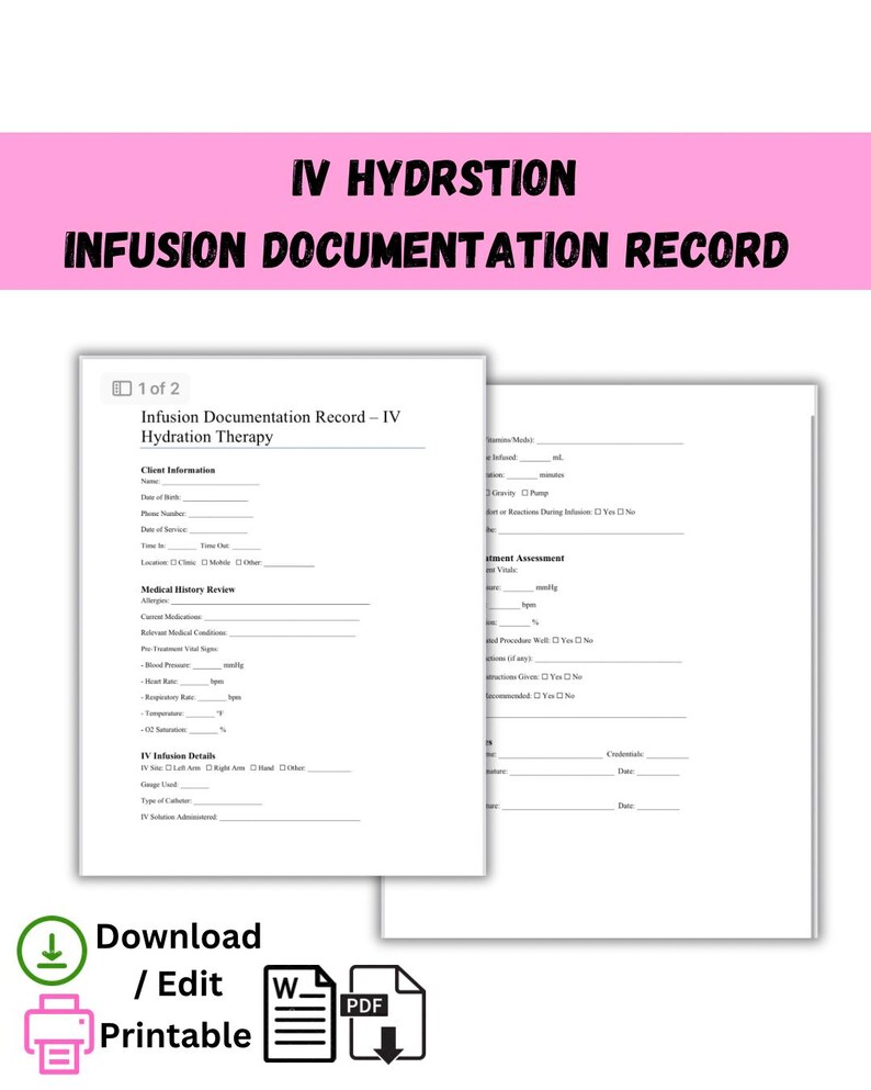 Iv Titration Documentation Form Example.pdf IV Infusion Documentation Record Form: Med Spa Treatment Log PDF - Etsy