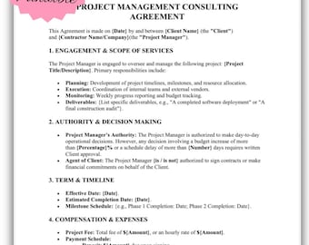 Project Management Consulting Agreement Template | Freelance PM Contract (Digital Download)