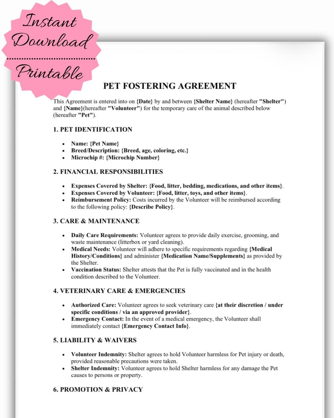 Pet Foster Agreement Template | Animal Rescue Contract (digital ...