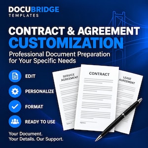 May include: A blue graphic featuring the text DOCUBRIDGE TEMPLATES, CONTRACT & AGREEMENT CUSTOMIZATION, and Professional Document Preparation for Your Specific Needs. Three white documents labeled Service Agreement, Contract, and Lease Agreement.