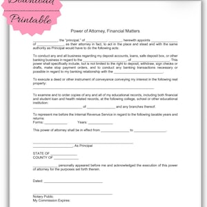Financial Power of Attorney Form | Durable POA for Banking, Property & IRS Matters | PDF | Word