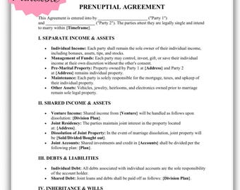 Modelo de acuerdo prenupcial simple / Protección de activos (Descarga digital)