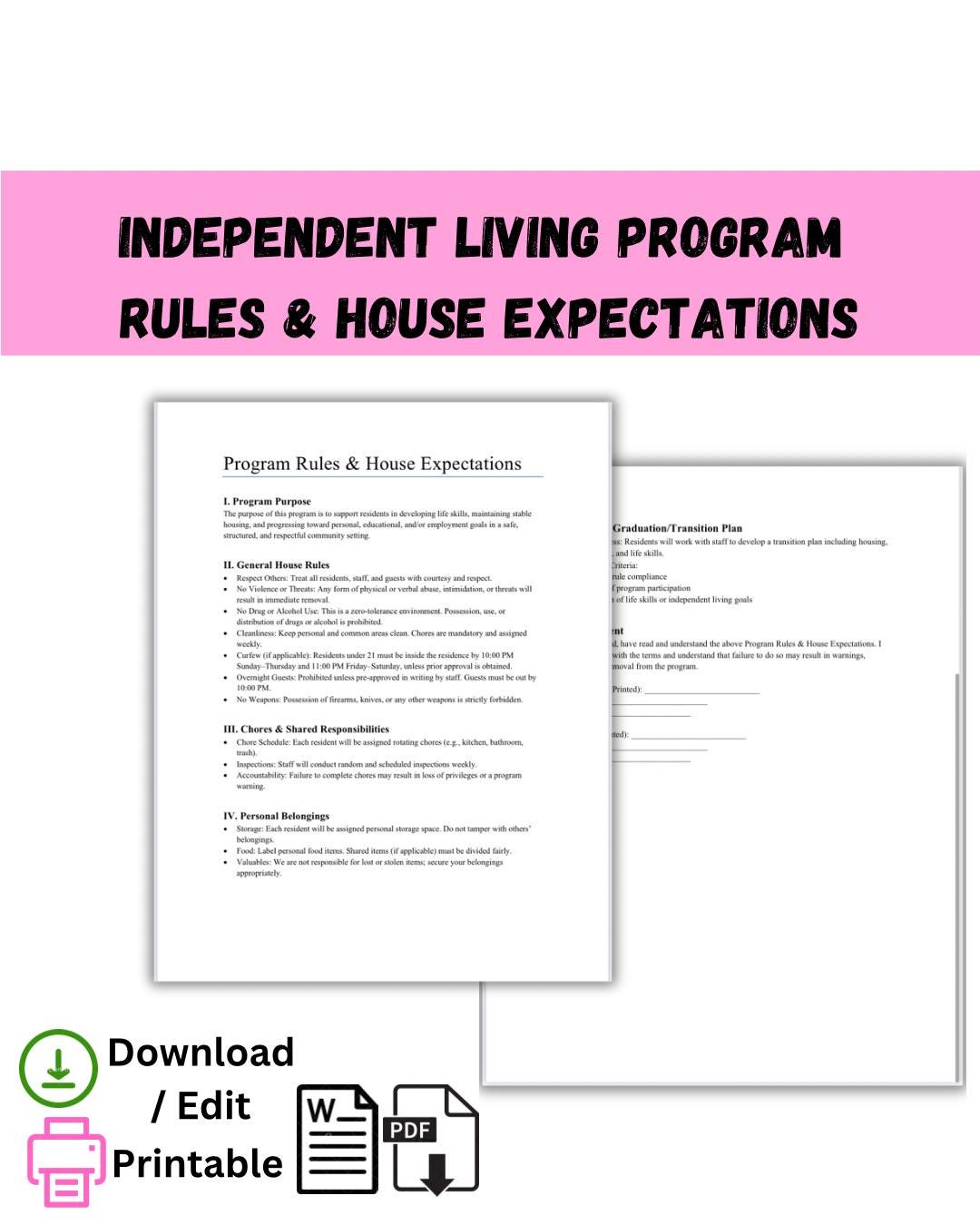 Transitional Program House Rules Posters Program Rules & House Expectations for Independent Living Facility ...