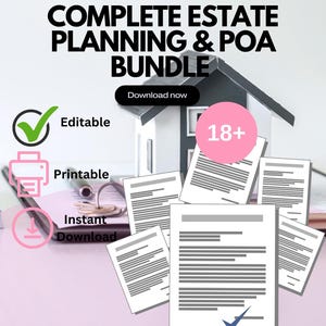 Może przedstawiać: Obraz promocyjny dla Kompletnego Pakietu Planowania Majątku i Pełnomocnictwa. Obraz przedstawia miniaturowy dom, dokumenty i ikony wskazujące, że pakiet jest edytowalny, do wydruku i do natychmiastowego pobrania. Tekst zawiera "Download now" i "18+".