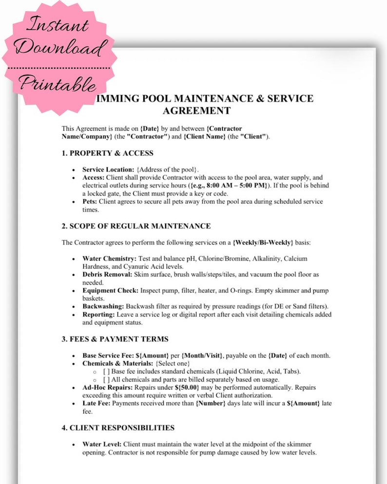 Pool Maintenance Disclosure Pool Service Contract Template | Maintenance Agreement (PDF Download ...