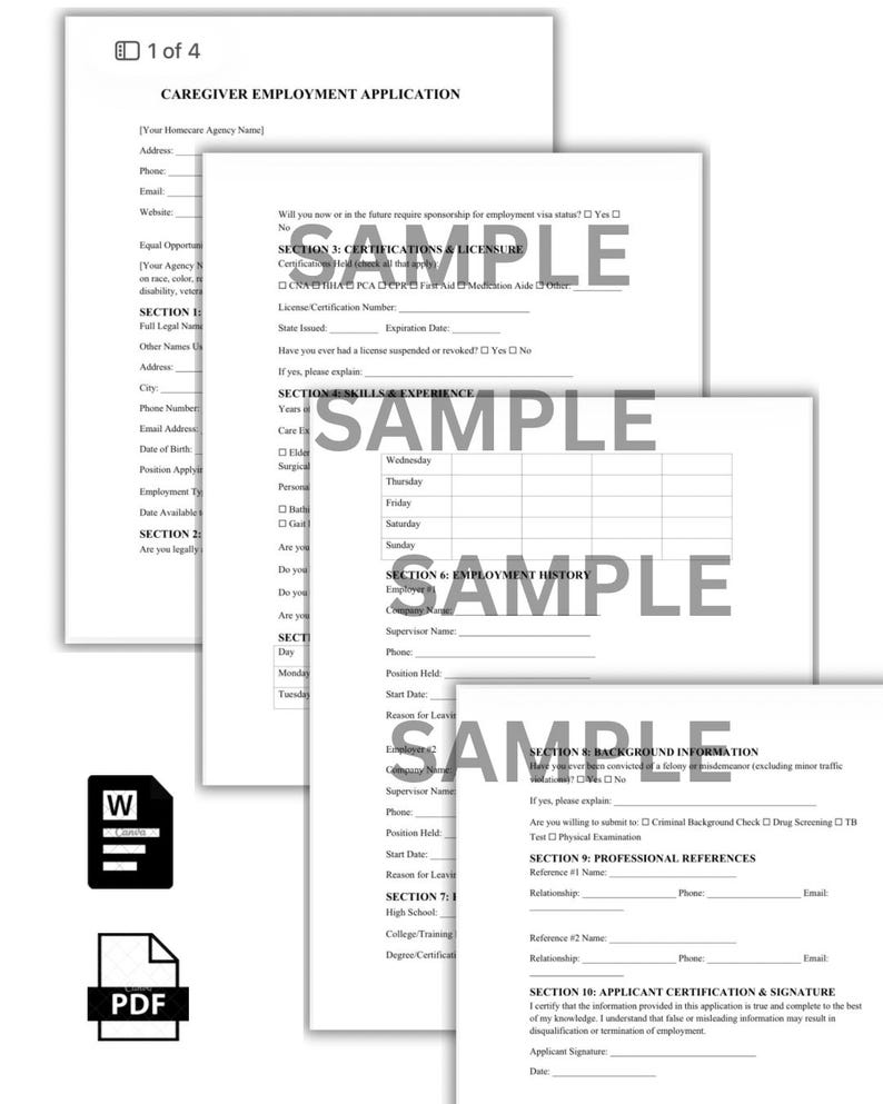 Caregiver Employment Application Template | Home Care Job Hiring Packet ...