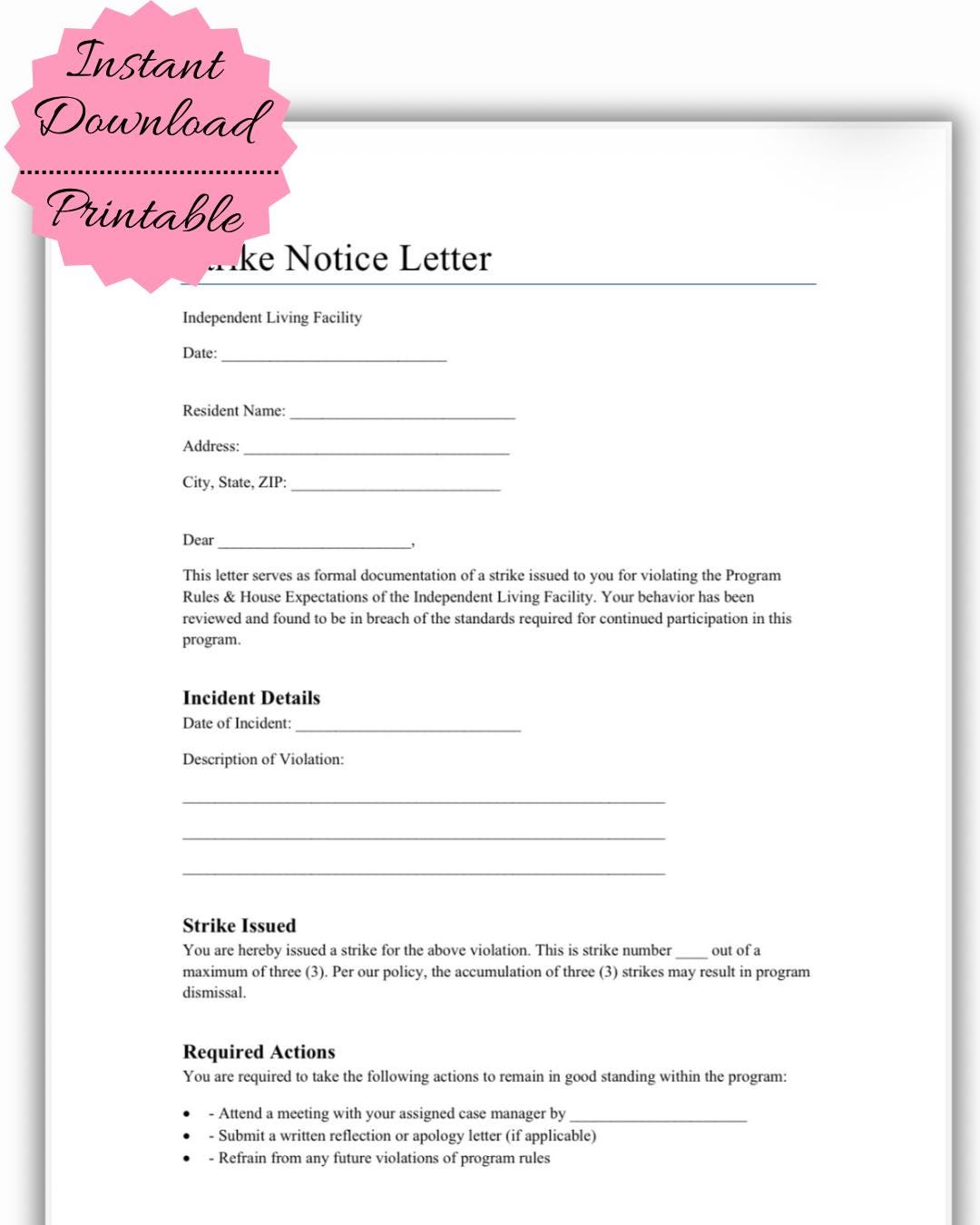 Strike Notice Letter Template for Independent Living Facility ...