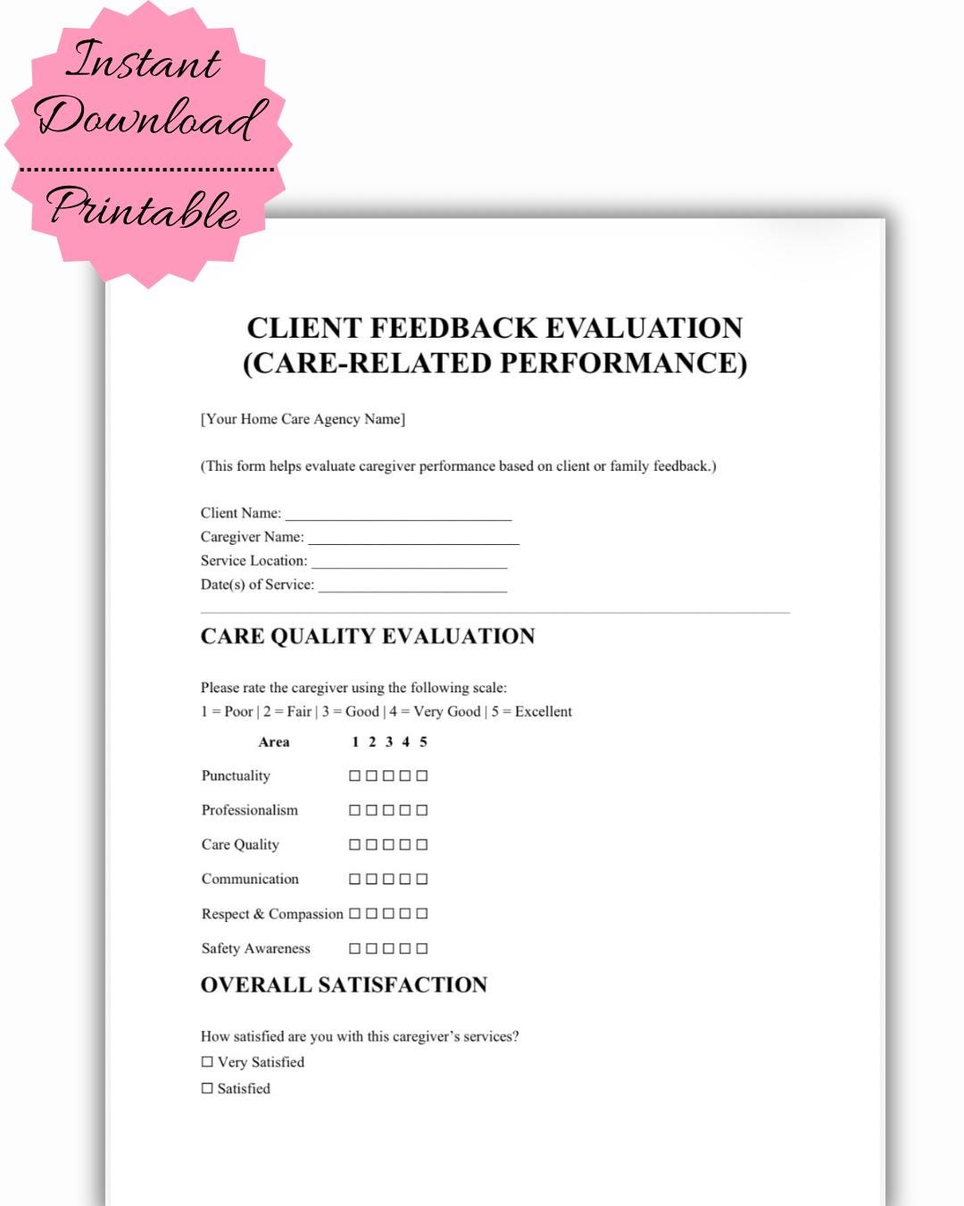 Client Feedback Evaluation Form | Caregiver Performance Review (digital ...