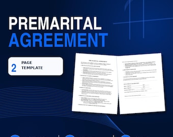 May include: A digital template for a premarital agreement document on a dark blue background. The text reads DOCUBRIDGE TEMPLATES, PREMARITAL AGREEMENT, PAGE 2 TEMPLATE, PDF, 2-PAGE PDF, INSTANT DOWNLOAD, and PRINT & COMPLETE. The document shows legal text.