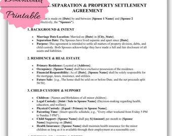 Marital Separation Agreement Template | Child Custody, Asset Division (PDF/Word Document)