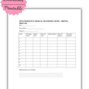 NEMT Driver Trip Log Template: Printable Medical Transport Sheet (PDF Format)