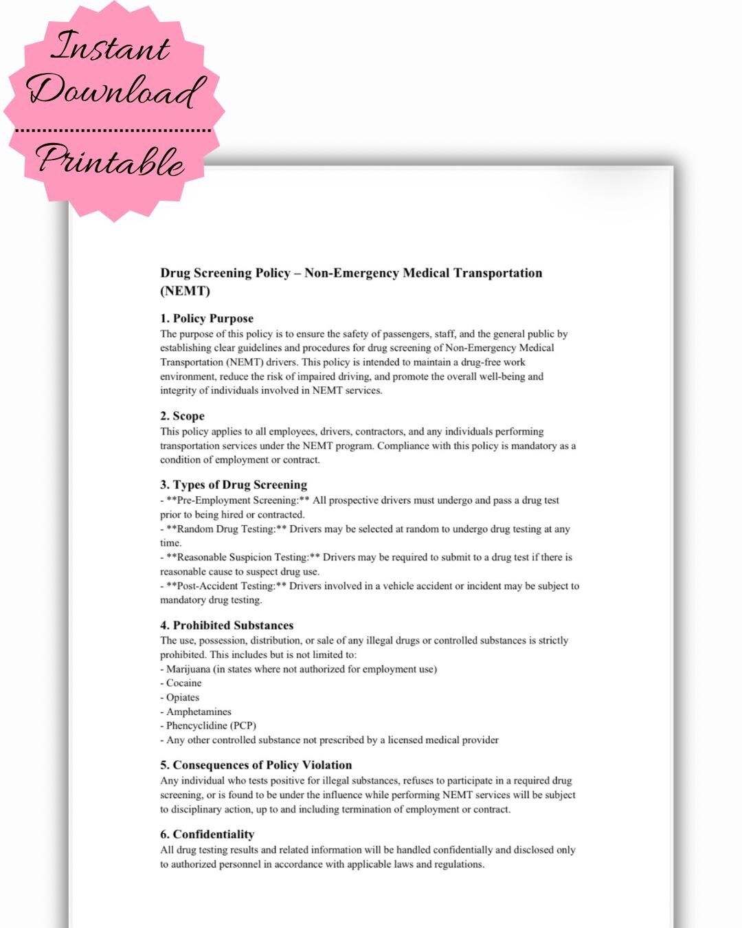 NEMT Drug Screening Policy Template | Printable PDF for Driver ...