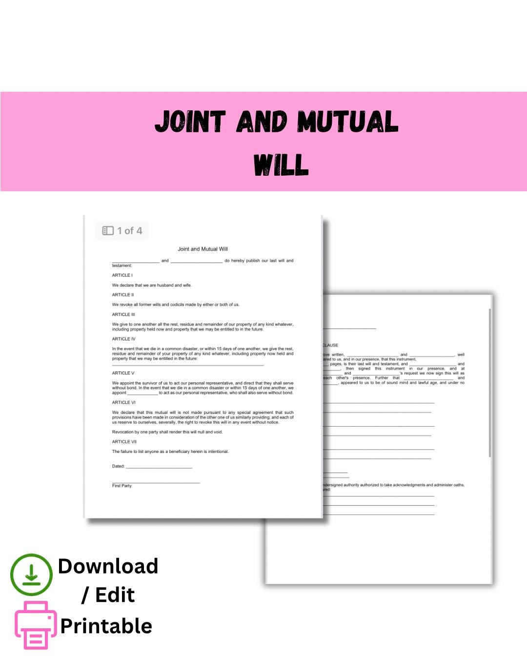 Joint and Mutual Will Template Last Will & Testament for Married
