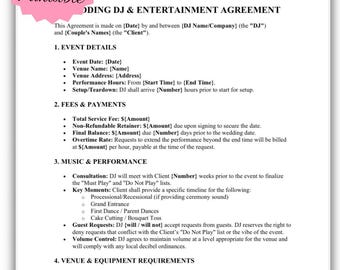 Plantilla de contrato de DJ para bodas / Acuerdo de servicio de DJ móvil (Descarga digital)