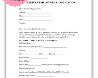 Plantilla de solicitud de empleo para cuidadores/as / Paquete de contratación para puestos de atención domiciliaria (descarga digital)