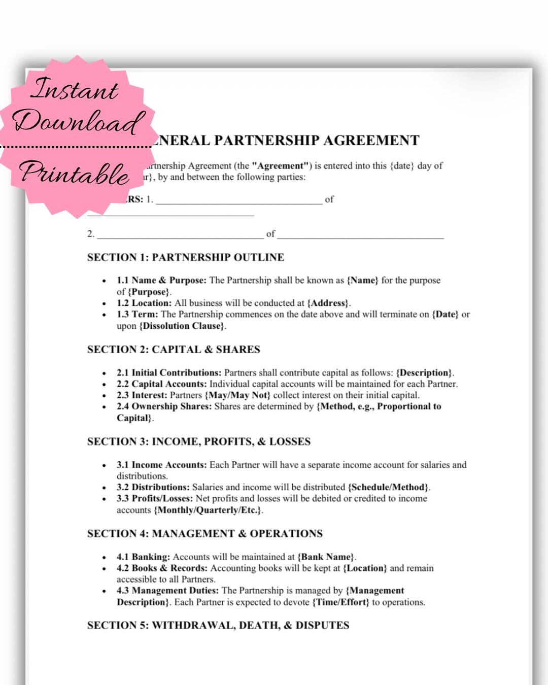 General Partnership Agreement Template | Business Contract Legal Form ...