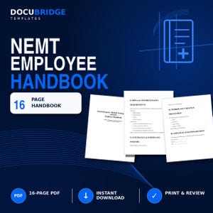 以下が含まれることがあります： Docubridgeによる16ページのNEMT従業員ハンドブックテンプレート。このドキュメントには、HIPAAと機密保持、勤怠とスケジューリング、職場での暴力防止に関するセクション、およびPDF形式の従業員確認フォームが含まれています。