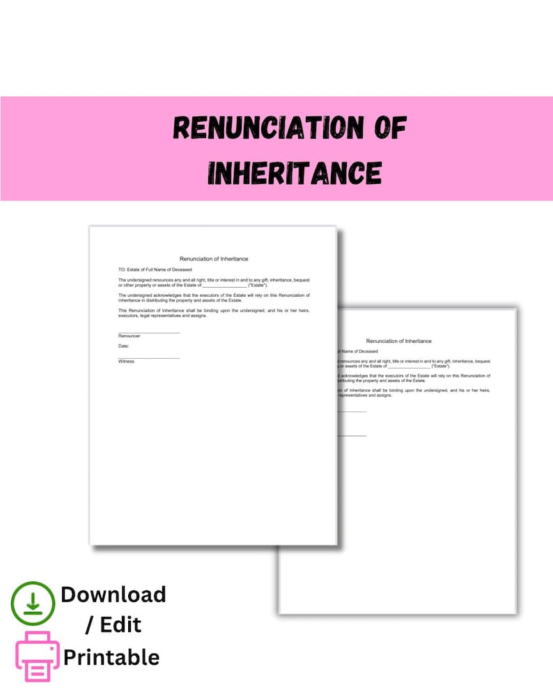 Renunciation of Inheritance Form | Legal Disclaimer of Estate Assets ...