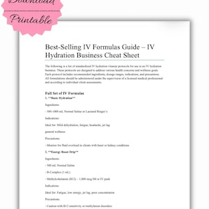 IV-Therapy Drip-Programme Spickzettel: Wellness-Klinik-Referenz (PDF-herunterladbare Vorlage