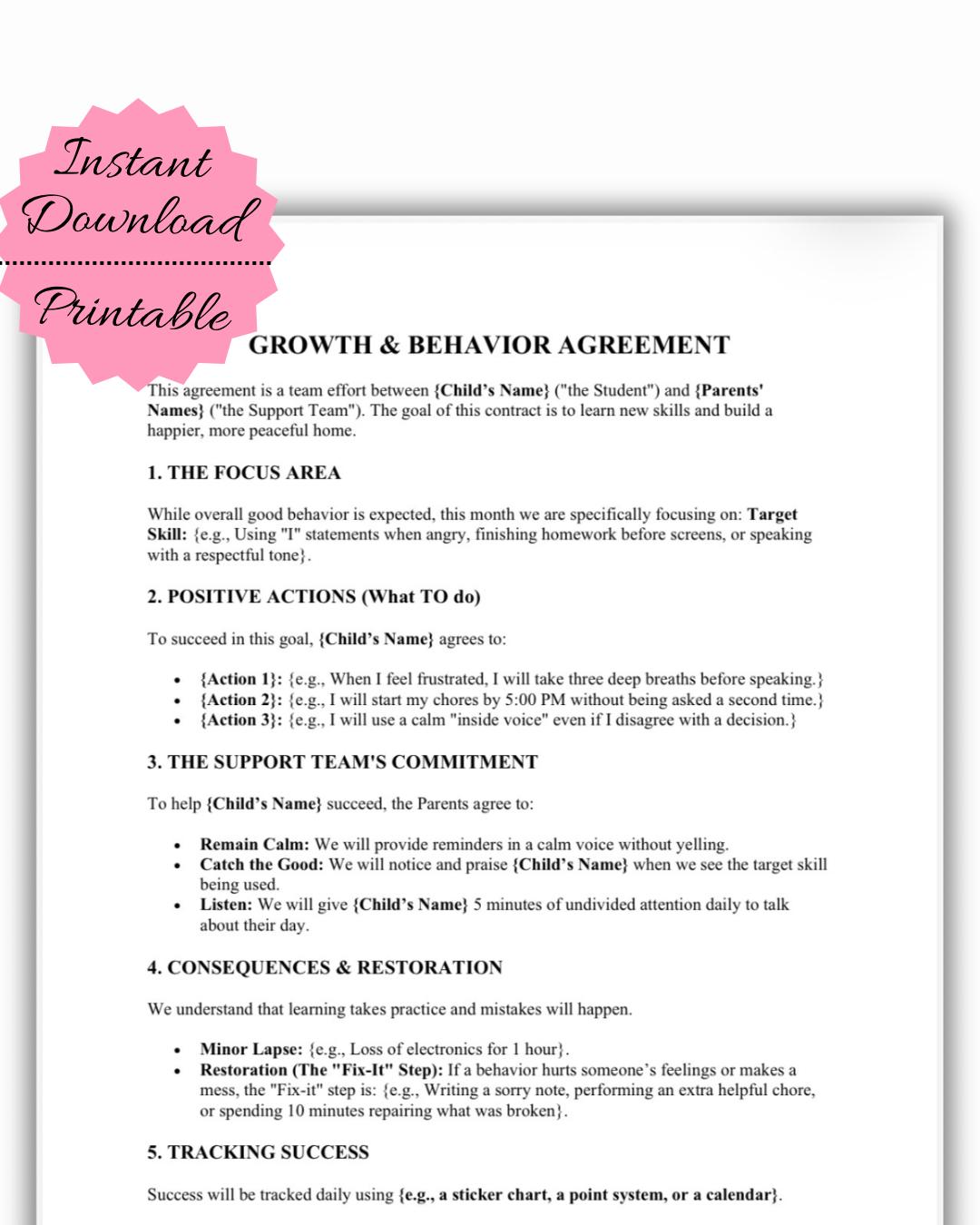 Child Behavior Contract Printable | Positive Parenting, Growth Mindset ...