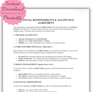 May include: A printable financial responsibility and allowance agreement document. The pink banner at the top left says "Instant Download Printable". The agreement includes sections on base allowance, core contributions, money management, and financial independence.