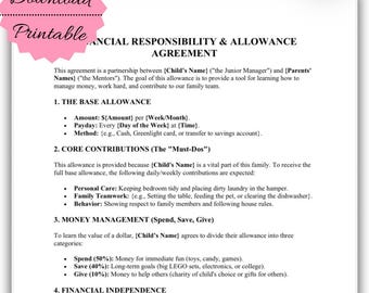 Child Allowance Contract Template | Kids Financial Literacy, Chores Agreement (Printable Download)