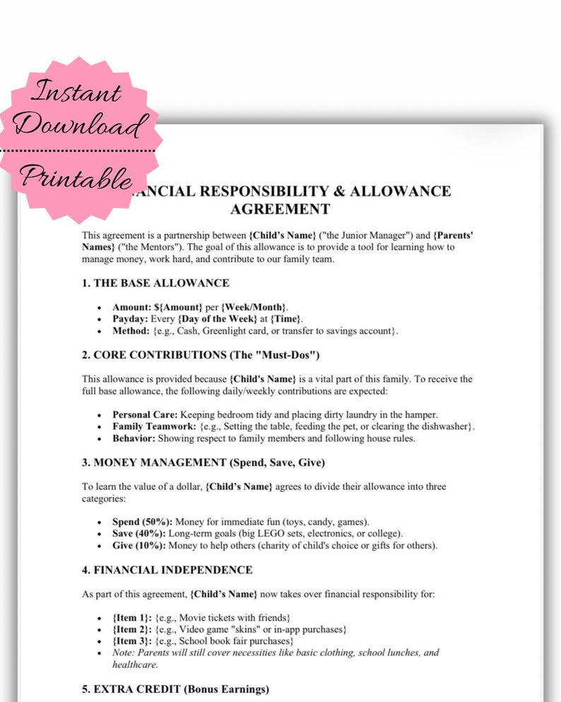 Child Allowance Contract Template | Kids Financial Literacy, Chores ...