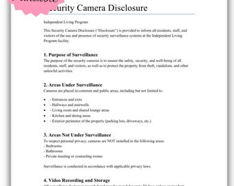 Security Camera Disclosure Form for Independent Living Facility | Surveillance Consent PDF Template