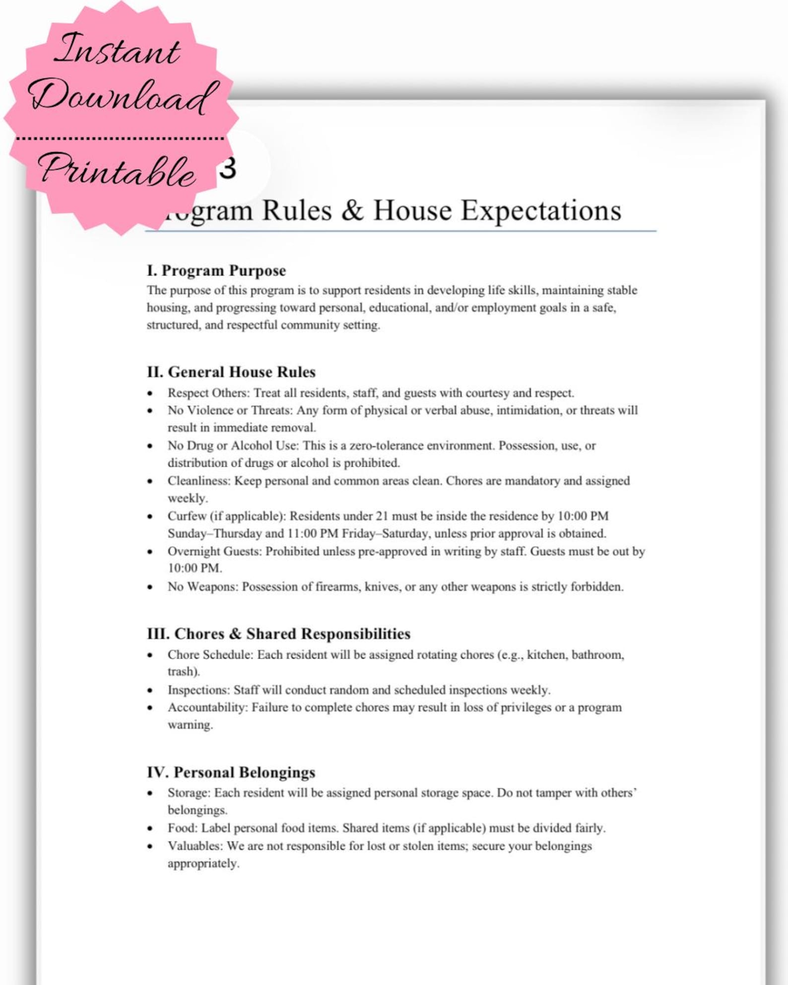Transitional Program House Rules Posters Program Rules & House Expectations for Independent Living Facility ...