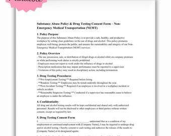 NEMT Substance Abuse Policy & Drug Testing Consent Form | Printable PDF for Medical Transportation Compliance
