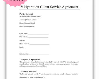 Plantilla de acuerdo de servicio al cliente para hidratación intravenosa: Consentimiento para spa médico y clínica móvil (PDF)