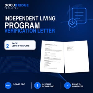 Może przedstawiać: Cyfrowy szablon listu weryfikacyjnego programu samodzielnego życia. Ciemnoniebieska grafika zawiera biały tekst o treści Docubridge Templates, Independent Living Program Verification Letter oraz 2 Page Letter Template. Biały dokument pokazuje dwie strony z polami tekstowymi.