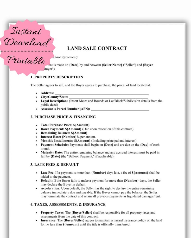 Land Contract Template | Owner Financing Installment Agreement (PDF) - Etsy
