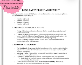 Band Partnership Agreement Template | Music Group Contract (Digital Download