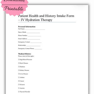 Formulario de ingesta de hidratación intravenosa: Historial de salud del paciente, evaluación médica (PDF)