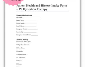 IV Hydration Intake Form: Patient Health History, Medical Screening (PDF)