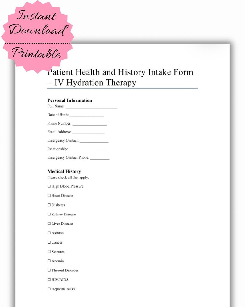 IV Hydration Intake Form: Patient Health History, Medical Screening ...