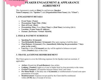 Plantilla de acuerdo de conferenciante/contrato de conferencia principal, términos del evento (descarga digital)