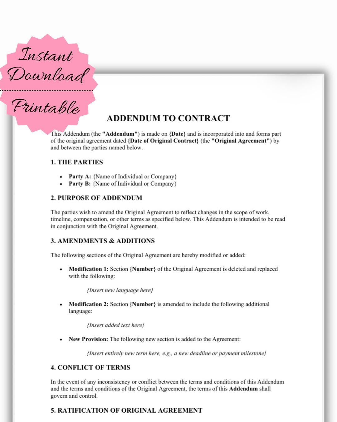 Contract Addendum Template | Editable Legal Amendment (pdf/word ...