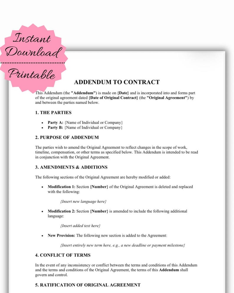 Addendum Text Box Contract Addendum Template | Editable Legal Amendment (pdf/word ...