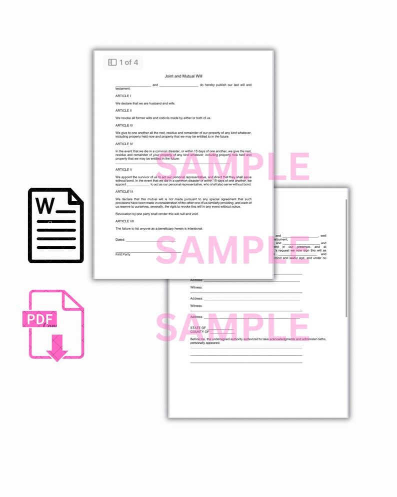 Joint and Mutual Will Template Last Will & Testament for Married