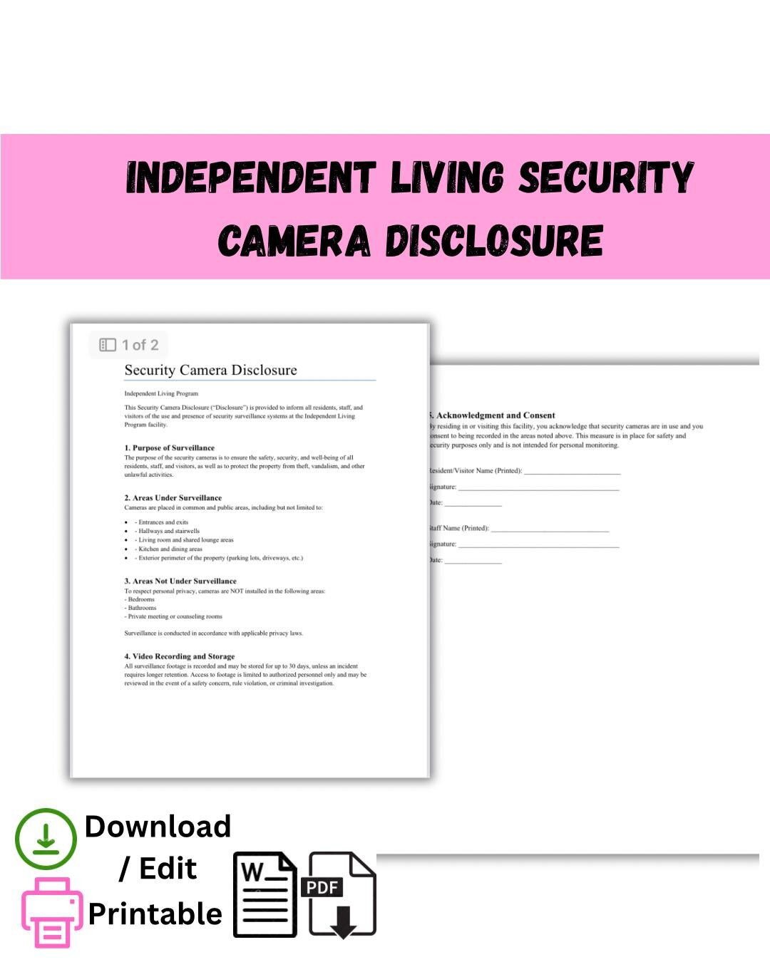 Security Camera Disclosure Form for Independent Living Facility ...