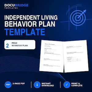 May include: A digital document template titled Independent Living Behavior Plan Template by Docubridge. The graphic features a two-page behaviour plan layout with sections for resident information, behaviour concerns, goals, action steps, and signatures.