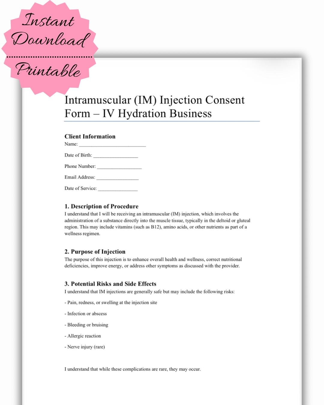 iv glutathione consent form IM Injection Consent Form for IV Hydration Clinics | Vitamin Shot &  Wellness Therapy Consent PDF