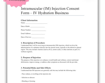 Formulario de consentimiento para inyecciones intramusculares en clínicas de hidratación intravenosa / Consentimiento para inyecciones de vitaminas y terapia de bienestar (PDF)