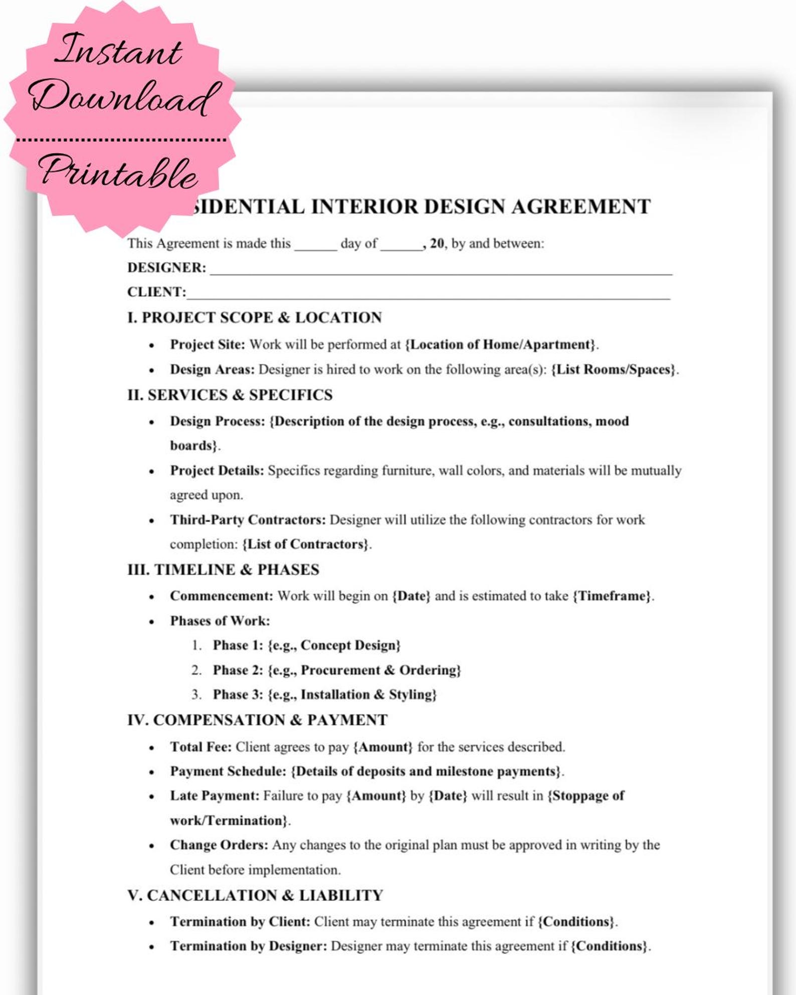 Interior Design Agreement Template | Home Renovation Contract (digital ...